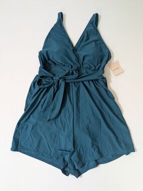 BloomChic Teal One-Piece Swimsuit with Front Tie Detail Shorts